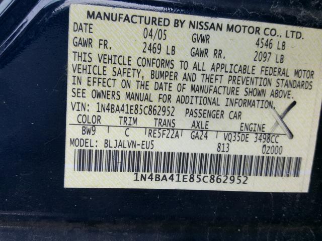 1N4BA41E85C862952 - 2005 NISSAN MAXIMA SE BLUE photo 10