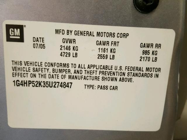 1G4HP52K35U274847 - 2005 BUICK LESABRE CU GRAY photo 10