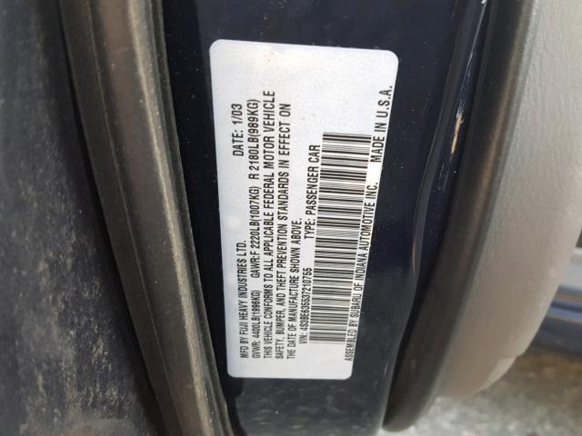 4S3BE635537210755 - 2003 SUBARU LEGACY L BLUE photo 10