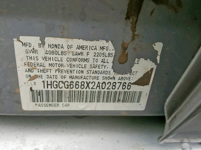 1HGCG668X2A028766 - 2002 HONDA ACCORD EX SILVER photo 10