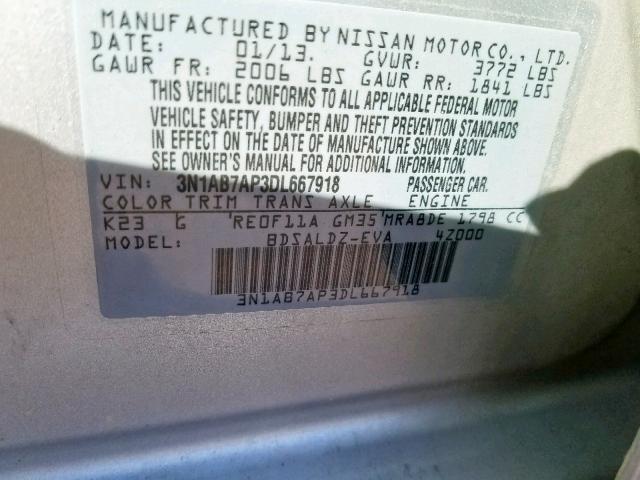 3N1AB7AP3DL667918 - 2013 NISSAN SENTRA S SILVER photo 10