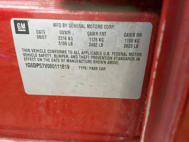 1G6DP57V080111819 - 2008 CADILLAC CTS HI FEA RED photo 10