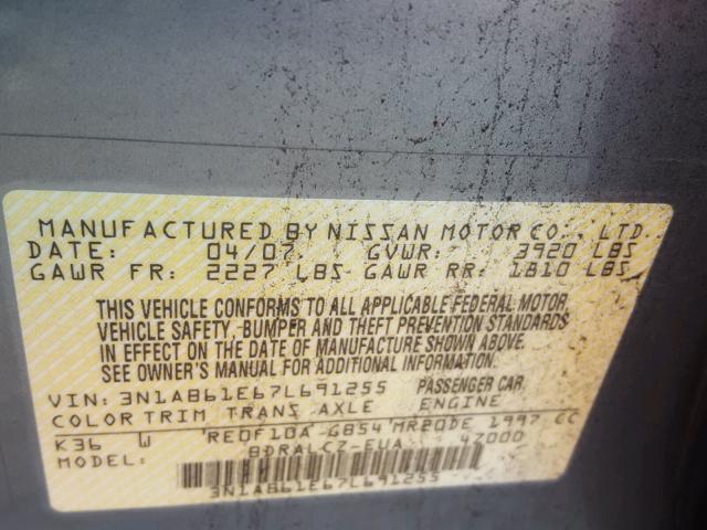 3N1AB61E67L691255 - 2007 NISSAN SENTRA 2.0 GRAY photo 10