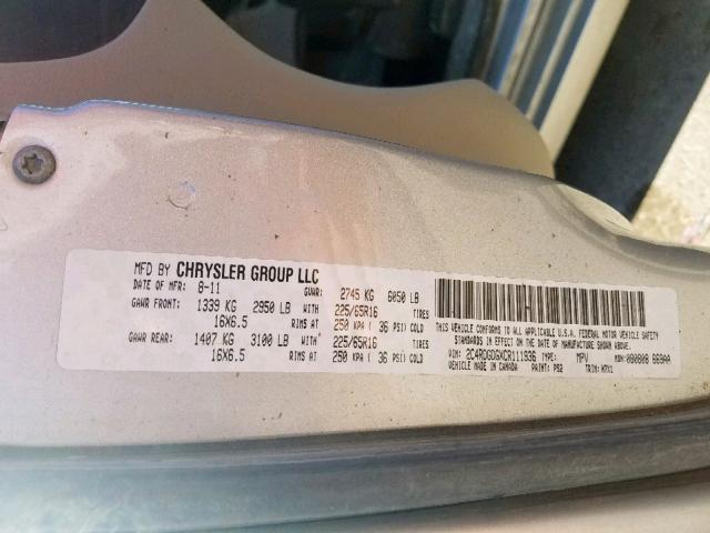 2C4RDGDGXCR111936 - 2012 DODGE GRAND CARA SILVER photo 10