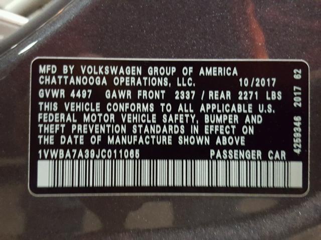 1VWBA7A39JC011065 - 2018 VOLKSWAGEN PASSAT SE GRAY photo 10