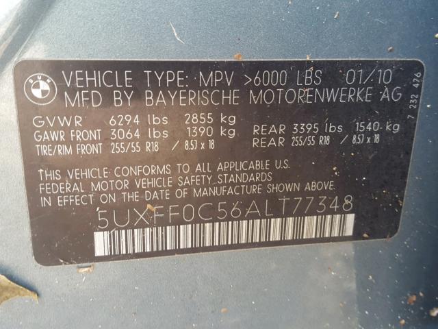 5UXFF0C56ALT77348 - 2010 BMW X5 XDRIVE3 BLUE photo 10