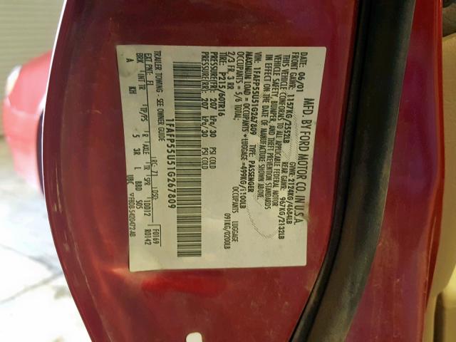 1FAFP55U51G267809 - 2001 FORD TAURUS SES RED photo 10