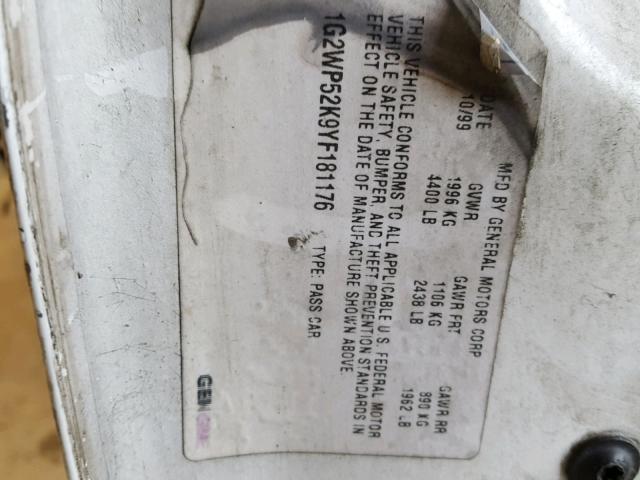 1G2WP52K9YF181176 - 2000 PONTIAC GRAND PRIX WHITE photo 10