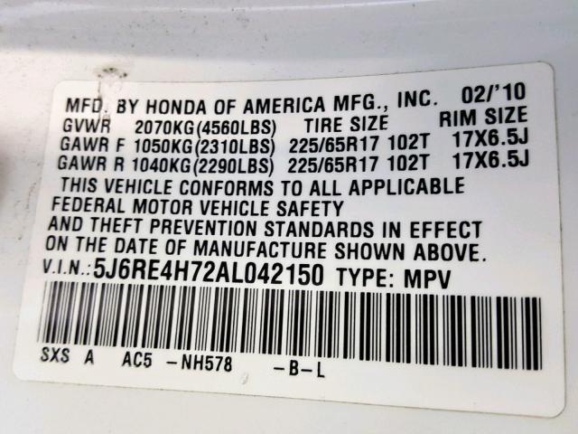 5J6RE4H72AL042150 - 2010 HONDA CR-V EXL WHITE photo 10