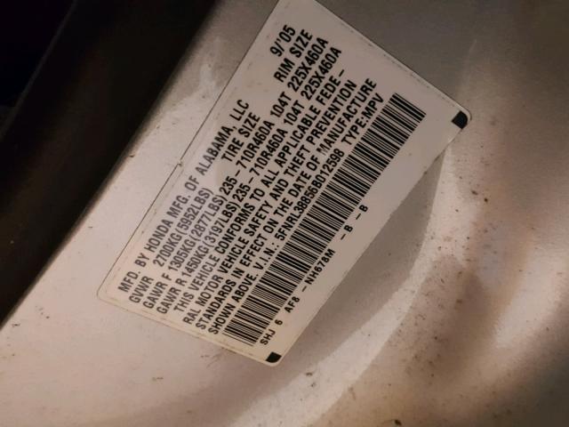 5FNRL38856B012598 - 2006 HONDA ODYSSEY TO SILVER photo 10