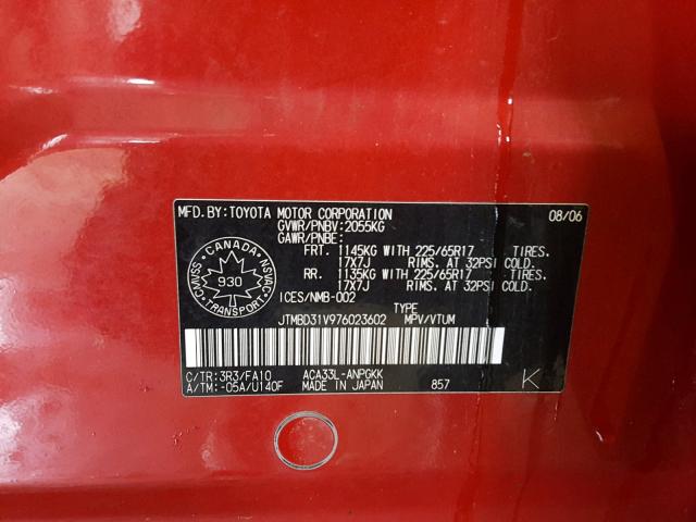 JTMBD31V976023602 - 2007 TOYOTA RAV4 LIMIT RED photo 10