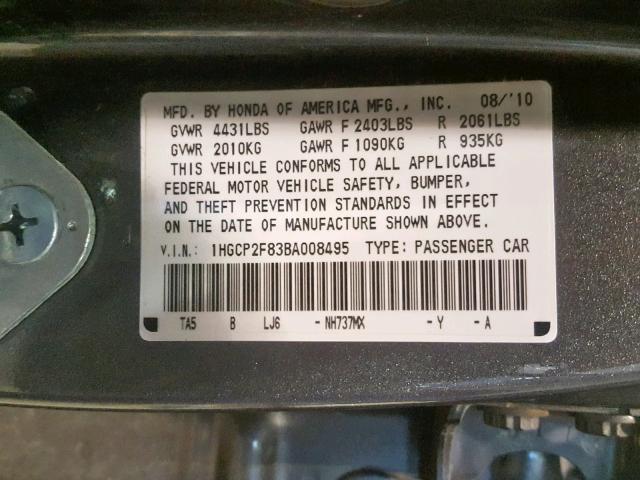 1HGCP2F83BA008495 - 2011 HONDA ACCORD EXL GRAY photo 10