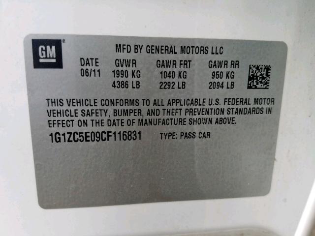 1G1ZC5E09CF116831 - 2012 CHEVROLET MALIBU 1LT 白色 照片 10