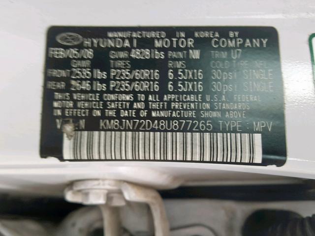 KM8JN72D48U877265 - 2008 HYUNDAI TUCSON SE WHITE photo 10