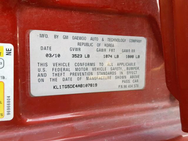 KL1TG5DE4AB107819 - 2010 CHEVROLET AVEO LT RED photo 10