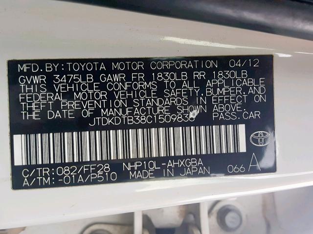 JTDKDTB38C1509838 - 2012 TOYOTA PRIUS C WHITE photo 10