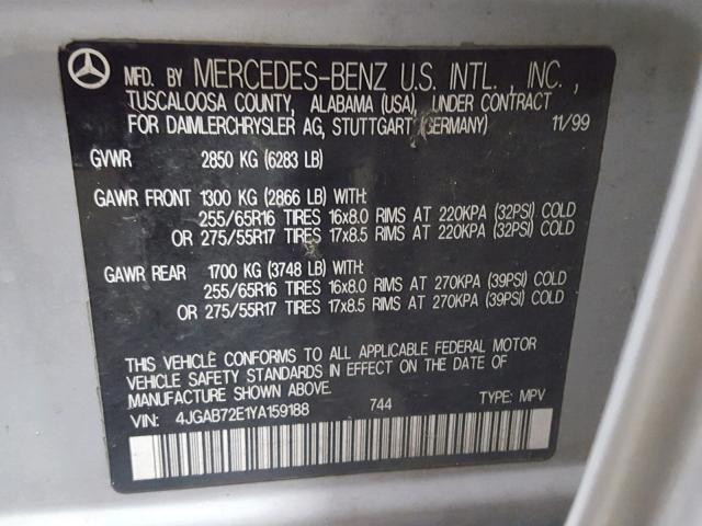 4JGAB72E1YA159188 - 2000 MERCEDES-BENZ ML 430 银色 照片 10