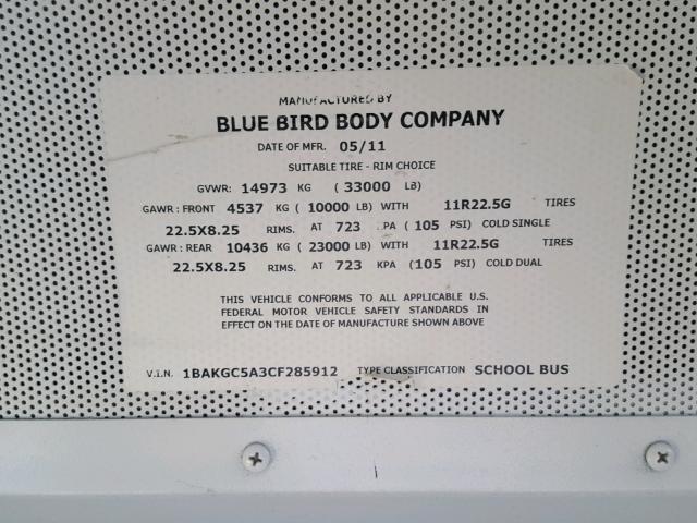 1BAKGC5A3CF285912 - 2012 BLUE BIRD SCHOOL BUS YELLOW photo 10