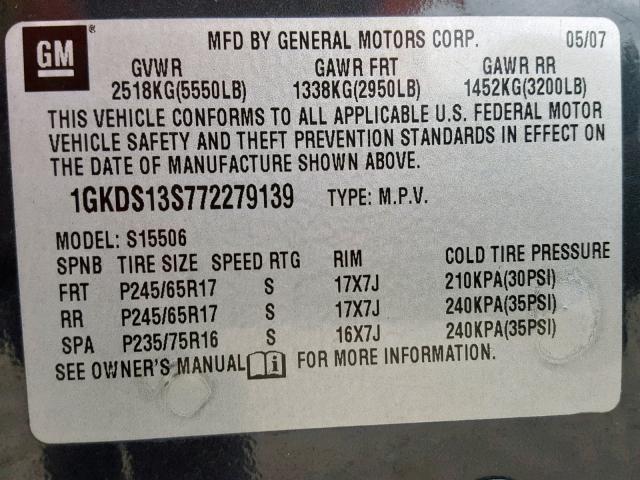 1GKDS13S772279139 - 2007 GMC ENVOY CHARCOAL photo 10