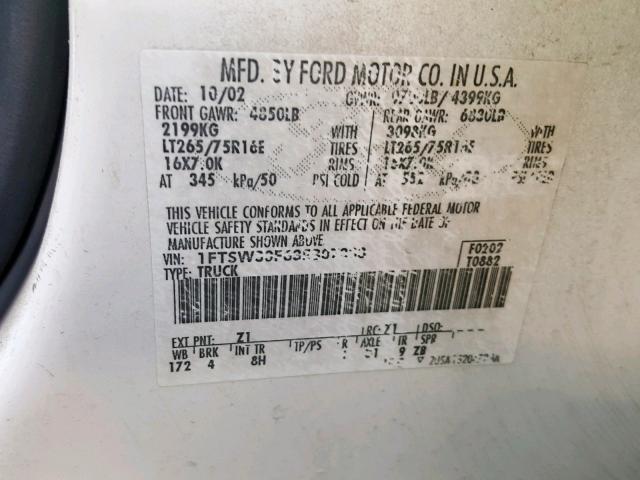 1FTSW30F63EB07333 - 2003 FORD F350 SRW S WHITE photo 10