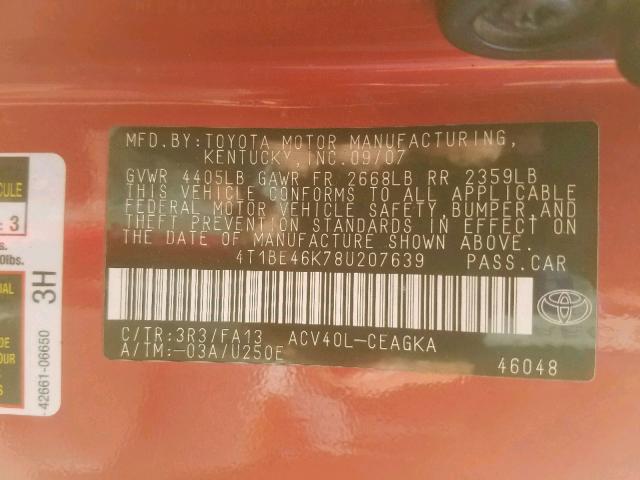 4T1BE46K78U207639 - 2008 TOYOTA CAMRY CE RED photo 10