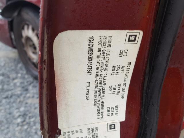 1G4CW52K6X4647847 - 1999 BUICK PARK AVENU RED photo 10