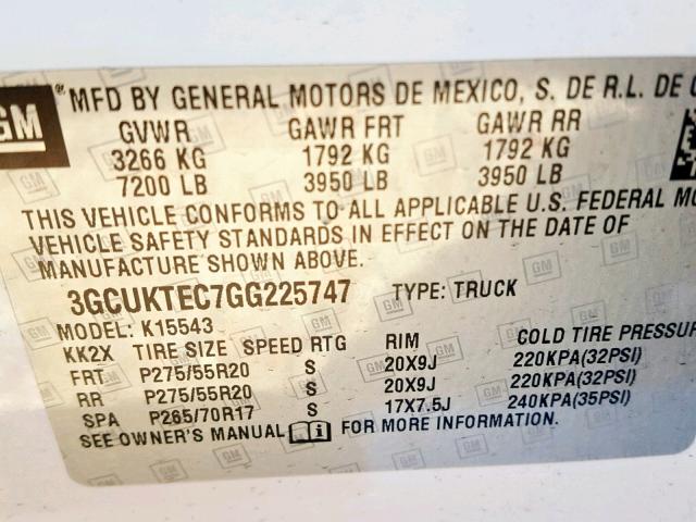 3GCUKTEC7GG225747 - 2016 CHEVROLET SILVERADO WHITE photo 10