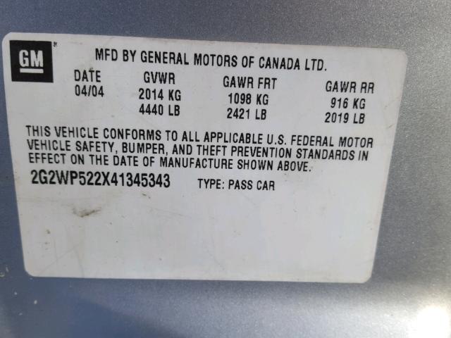 2G2WP522X41345343 - 2004 PONTIAC GRAND PRIX SILVER photo 10