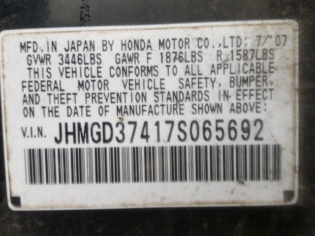 JHMGD37417S065692 - 2007 HONDA FIT BLACK photo 10