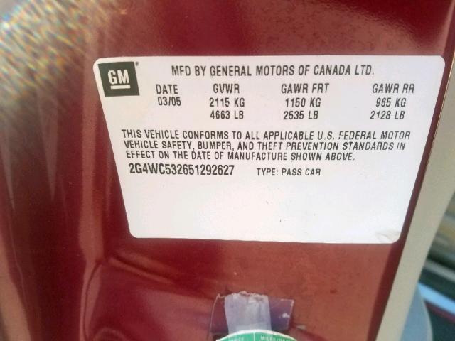 2G4WC532651292627 - 2005 BUICK LACROSSE C RED photo 10