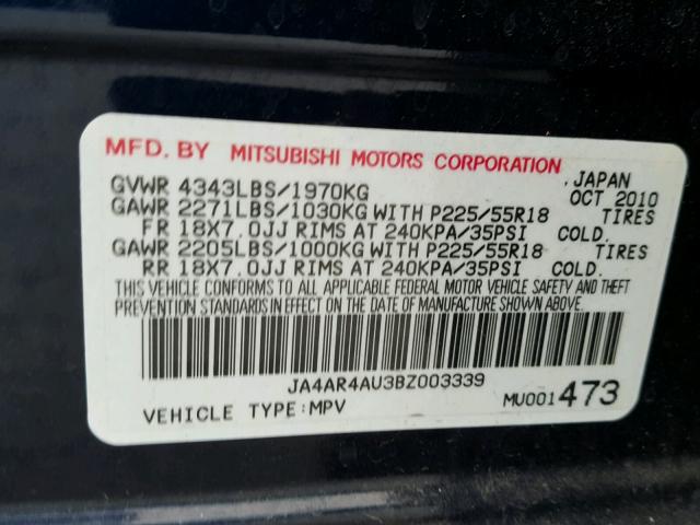 JA4AR4AU3BZ003339 - 2011 MITSUBISHI OUTLANDER BLUE photo 10