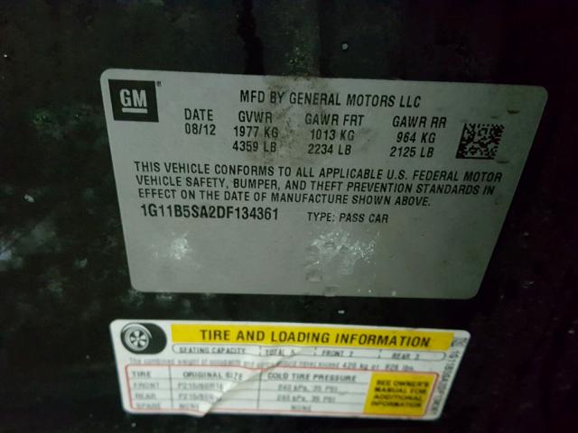 1G11B5SA2DF134361 - 2013 CHEVROLET MALIBU LS 黑色 照片 10