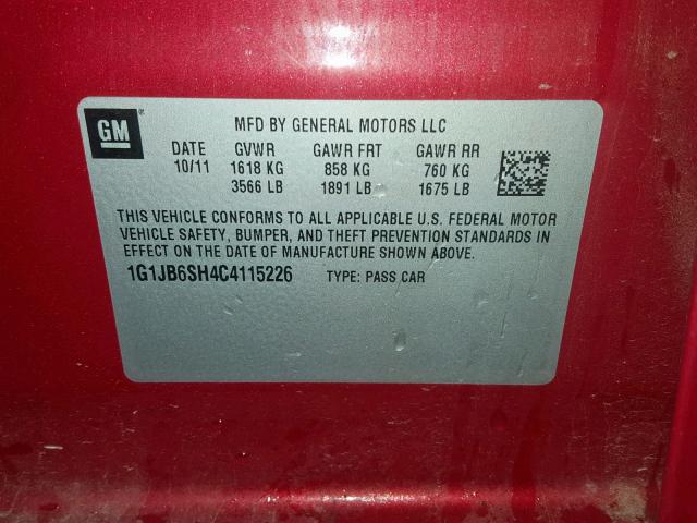 1G1JB6SH4C4115226 - 2012 CHEVROLET SONIC LS 红色 照片 10