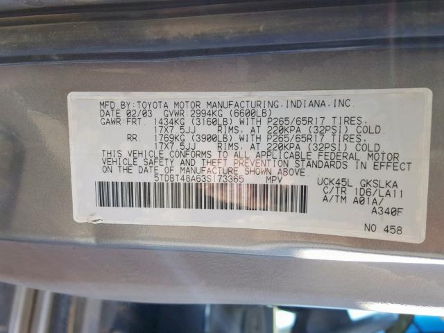 5TDBT48A63S173365 - 2003 TOYOTA SEQUOIA LI SILVER photo 10