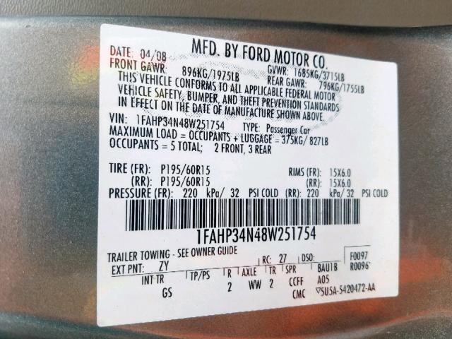 1FAHP34N48W251754 - 2008 FORD FOCUS S/SE SILVER photo 10