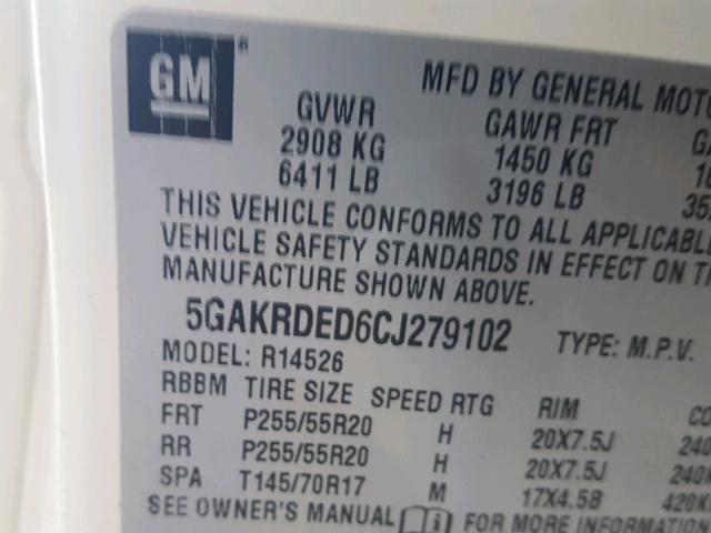 5GAKRDED6CJ279102 - 2012 BUICK ENCLAVE WHITE photo 10