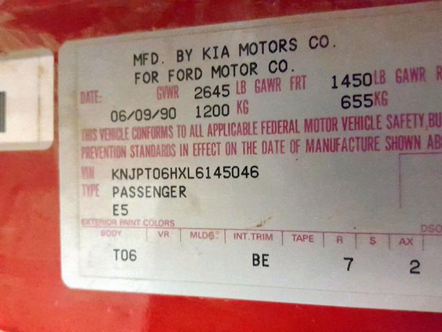 KNJPT06HXL6145046 - 1990 FORD FESTIVA L RED photo 10