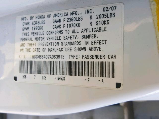 1HGCM66407A063913 - 2007 HONDA ACCORD SE WHITE photo 10