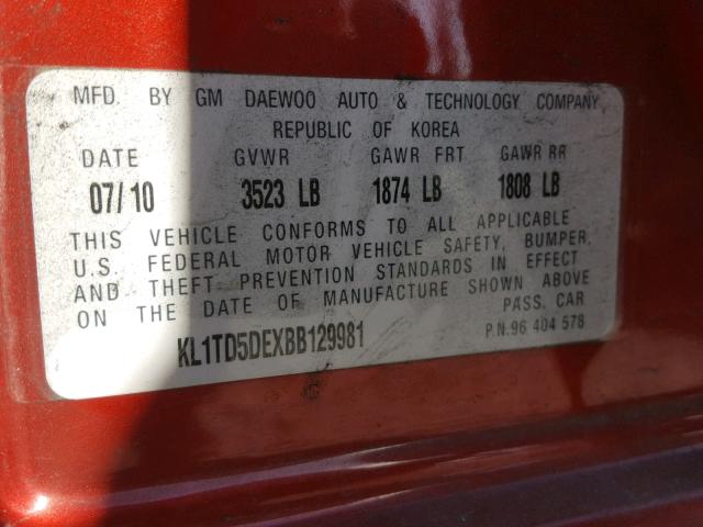 KL1TD5DEXBB129981 - 2011 CHEVROLET AVEO LS BURGUNDY photo 10