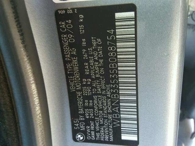 WBANB33535B088754 - 2005 BMW 545 I GRAY photo 10