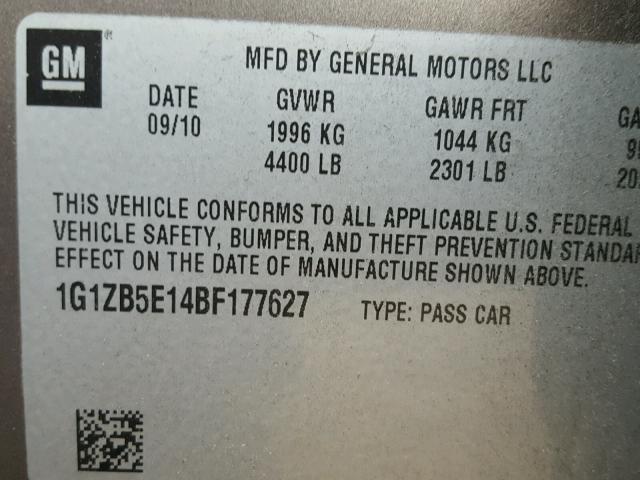 1G1ZB5E14BF177627 - 2011 CHEVROLET MALIBU LS ყავისფერი ფოტო 10