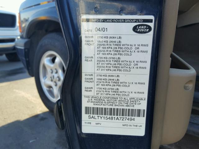 SALTY15481A727494 - 2001 LAND ROVER DISCOVERY BLUE photo 10