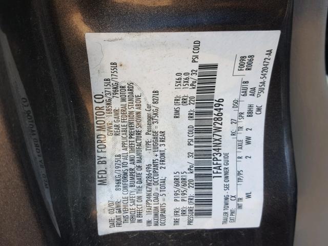 1FAFP34NX7W286496 - 2007 FORD FOCUS ZX4 GRAY photo 10