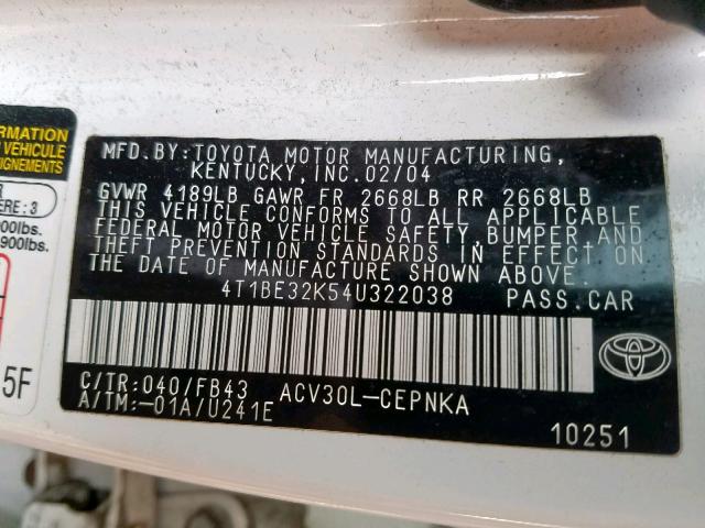 4T1BE32K54U322038 - 2004 TOYOTA CAMRY LE WHITE photo 10