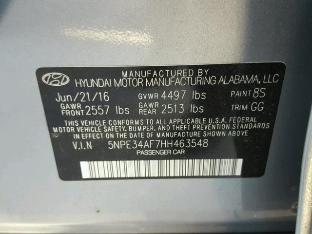 5NPE34AF7HH463548 - 2017 HYUNDAI SONATA SPO GRAY photo 10