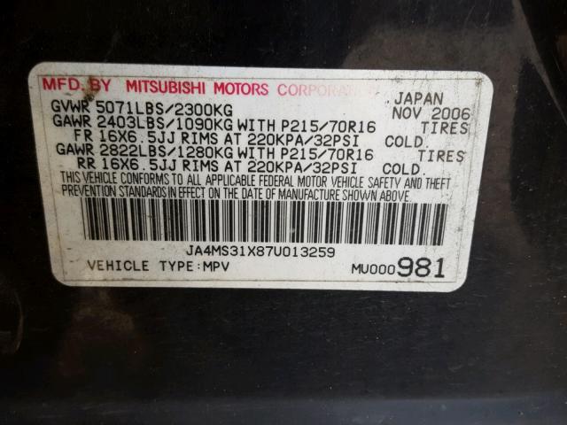 JA4MS31X87U013259 - 2007 MITSUBISHI OUTLANDER BLACK photo 10