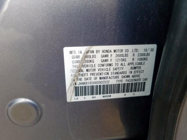 JH4KB16566C002532 - 2006 ACURA RL GRAY photo 10