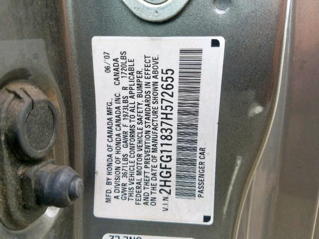 2HGFG11837H572655 - 2007 HONDA CIVIC EX GRAY photo 10