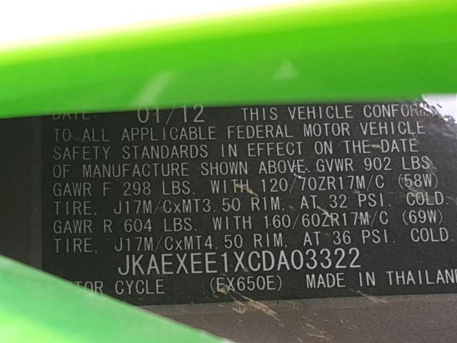 JKAEXEE1XCDA03322 - 2012 KAWASAKI EX650 EC GREEN photo 10