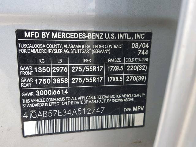 4JGAB57E34A512747 - 2004 MERCEDES-BENZ ML 350 GRAY photo 10